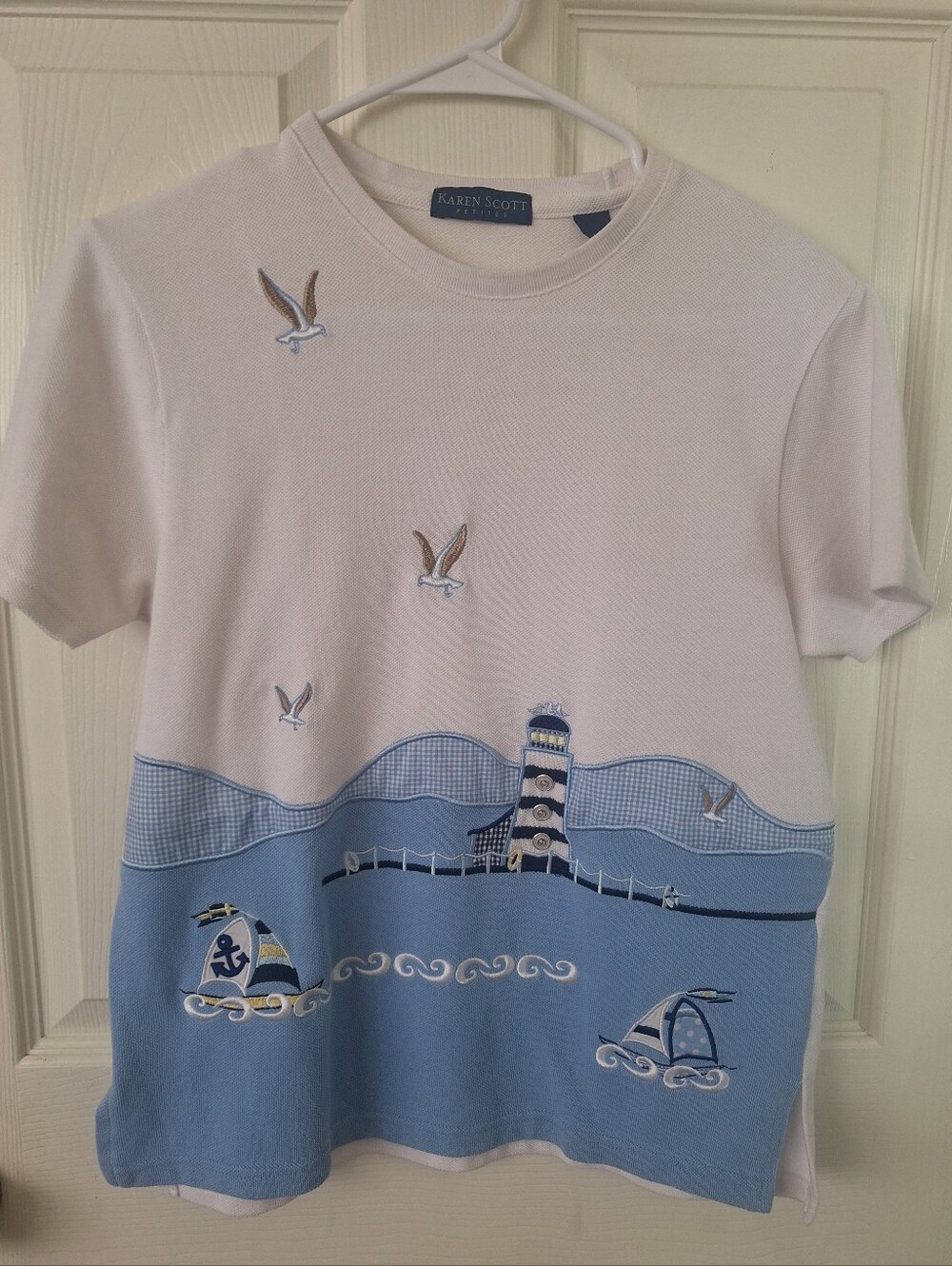 Vintage 90s Karen Scott Petites Coastal Grandma Embroidered Nautical T-Shirt PS